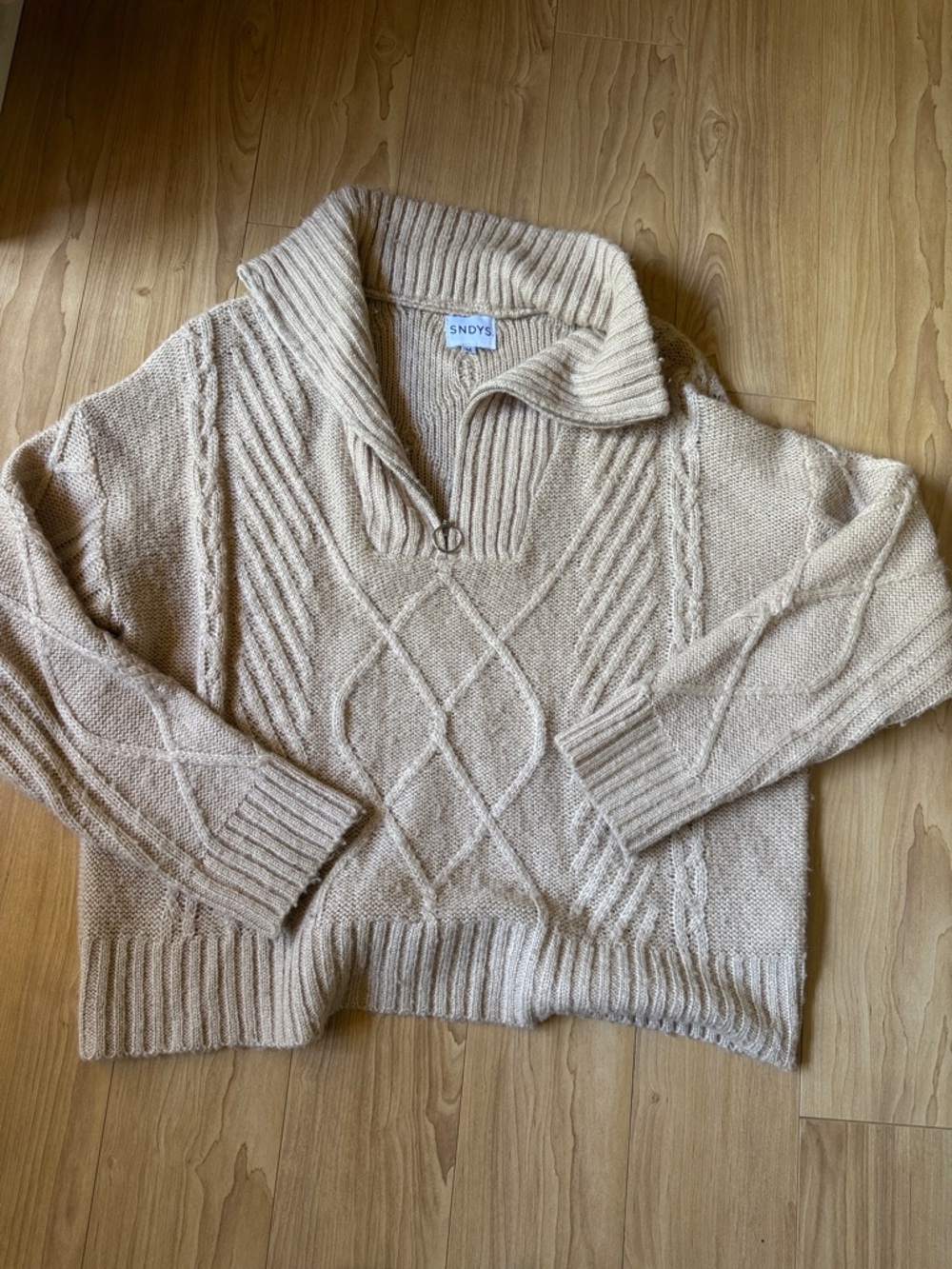 SNDYS Cream Cable Knit Cowl Sweater with Half-Zip